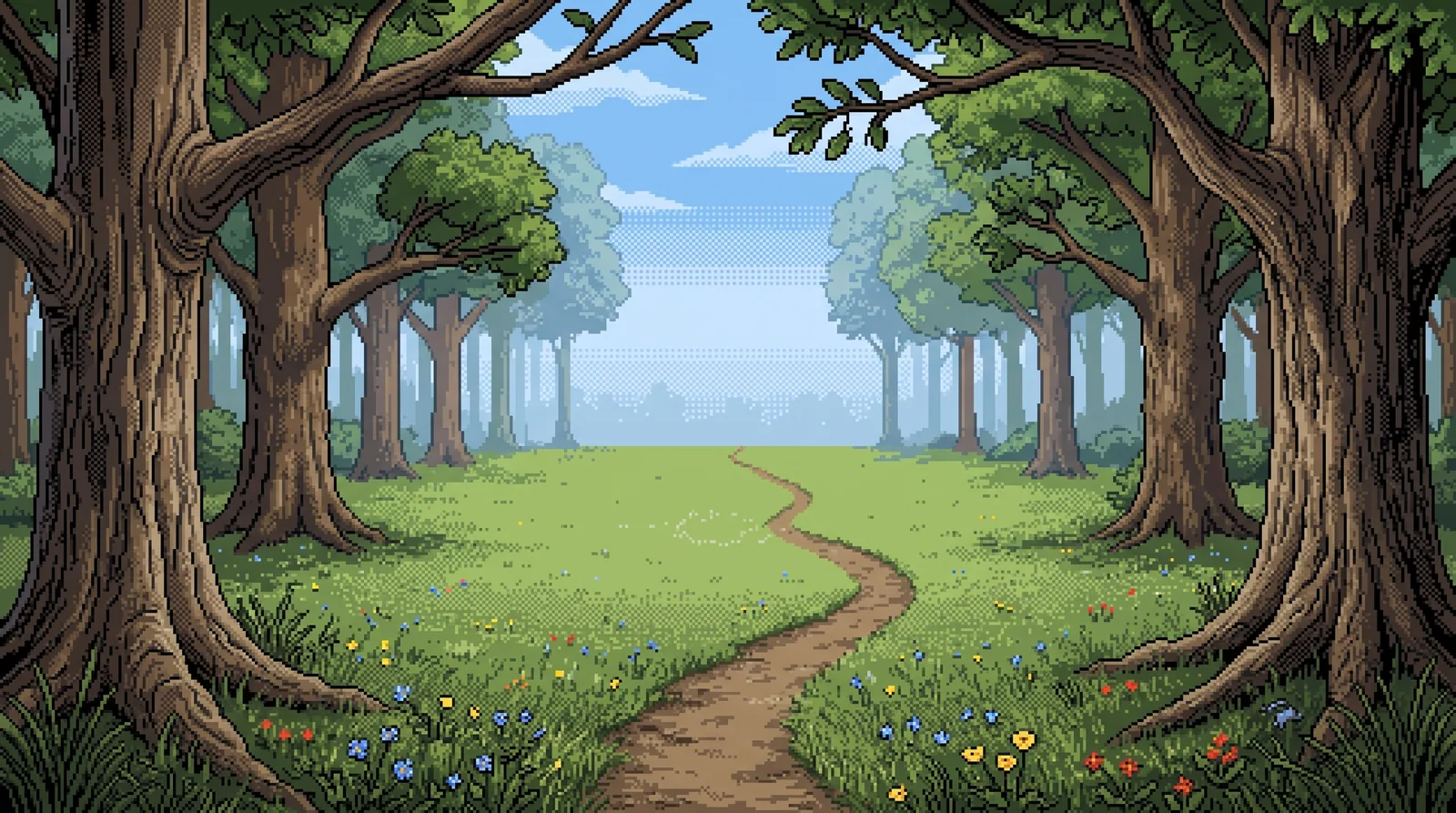 A sunlit forest clearing in 1990s pixel art